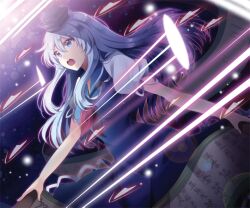  bad_id bad_pixiv_id blue_eyes blue_hair chocho_(homelessfox) female hat holding kamishirasawa_keine long_hair open_mouth photoshop_(medium) scroll solo tokin_hat touhou 