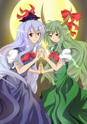  2girls :o bad_apple!! bad_id bad_pixiv_id blue_dress blue_hair dress dual_persona ex-keine full_moon green_dress green_hair grey_background hat hat_ribbon holding_hands horn_ornament horn_ribbon horns kamishirasawa_keine kokuri long_hair looking_at_viewer moon multiple_girls red_eyes ribbon short_sleeves touhou very_long_hair 