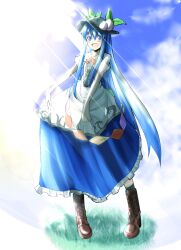  blue_eyes blue_hair blush bow cloud commentary_request cross-laced_footwear female food frills fruit hat hinanawi_tenshi leaf light long_hair long_skirt mikanbako_(rakkyasato) open_mouth peach short_sleeves skirt sky solo touhou very_long_hair 