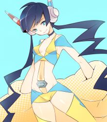  black_hair blue_eyes choker coat commentary_request elesa_(pokemon) female fur_coat goldfishu headphones lightning_bolt_symbol long_hair midriff navel pokemon pokemon_bw2 solo symbol-shaped_pupils undressing 