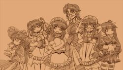  6+girls 6girls apron belly belly_button belt bow breasts collar cup dress emblem frills fujii_touko glasses hair_ornament hand_on_hip headdress hips honruu_ayumi legwear lowres moeru_mahjong_moejong_(moejan) multiple_girls name_tag oomoto_daiyou peace_sign plate sanshiku_jun skirt stockings tenshu_(moejan) thighhighs tsukuda_moeko v 