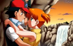  aqua_eyes blush eye_contact female fingerless_gloves gloves hat hug kasumi_(pokemon) laura_jimenez looking_at_another orange_hair pokemon pokemon_(anime) pokemon_ag rope satoshi_(pokemon) short_hair side_ponytail straight water waterfall 