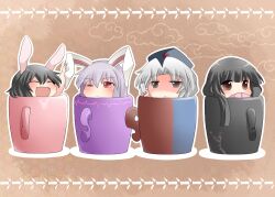  4girls animal_ears black_hair brown_eyes chibi commentary_request cross cup grey_hair hammer_(sunset_beach) hands_in_opposite_sleeves hat hime_cut holding_ears houraisan_kaguya in_container in_cup inaba_tewi long_hair mug multiple_girls nurse_cap one_eye_closed open_mouth purple_hair rabbit_ears red_eyes reisen_udongein_inaba shaded_face short_hair smile sweat syringe touhou yagokoro_eirin 