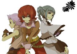  3girls alfa_system ange_serena bare_shoulders belt blue_hair breasts brown_eyes capelet coat dress frills gloves hermana_larmo iria_animi midriff multiple_girls neclace pants purple_eyes purple_hair red_eyes red_hair ribbon scarf tales_of_(series) tales_of_innocence 