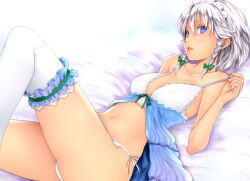  blue_eyes bow braid breasts chikado cleavage collarbone commentary_request female frilled_thighhighs frills grey_hair hairbow izayoi_sakuya legs lingerie long_legs lying maid maid_headdress medium_breasts midriff navel negligee on_back open_mouth panties short_hair side-tie_panties sideboob solo thighhighs touhou twin_braids underwear white_hair white_panties white_thighhighs 