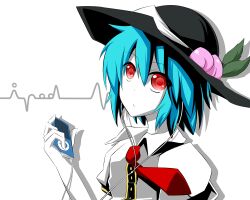  alternate_hairstyle blue_hair cardiogram commentary_request digital_media_player earphones female food fruit hat hinanawi_tenshi ipod leaf necktie peach pia_(botamochinjufu) red_eyes short_sleeves solo touhou 