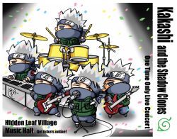  5boys band chibi clone commentary_request confetti drum drum_set drumsticks english_text grey_hair hatake_kakashi henohenomoheji instrument male_focus microphone multiple_boys naruto naruto_(series) photoshop_(medium) piano zzzeus 