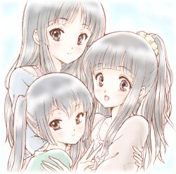  3girls akiyama_mio bad_id bad_pixiv_id black_eyes black_hair bluez brown_eyes chitanda_eru color_connection company_connection crossover hair_color_connection hyouka k-on! kyoto_animation long_hair multiple_girls nakano_azusa ponytail purple_eyes twintails 