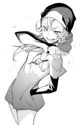  commentary_request drawstring dress evil_grin evil_nut evil_smile female greyscale grin hand_in_pocket hat hijiri_kanna hood hooded_jacket jacket magical_girl mahou_shoujo_kazumi_magica mahou_shoujo_madoka_magica monochrome smile solo spoilers sweater sweater_dress twintails ushiki_yoshitaka 