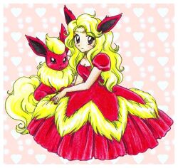  blonde_hair breasts brown_eyes chikorita85 cleavage collarbone commentary_request creature_and_personification dress female fingernails flareon heart heart_background looking_at_viewer medium_breasts personification pink_background pokemon pokemon_(creature) pokemon_ears pokemon_tail puffy_short_sleeves puffy_sleeves red_dress short_sleeves tail traditional_media wavy_hair 