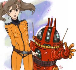  analyzer_(uchuu_senkan_yamato) bodysuit commentary_request female highres kujira_gunsou md5_mismatch misaki_yuria orange_bodysuit photoshop_(medium) robot twintails uchuu_senkan_yamato uchuu_senkan_yamato_2199 