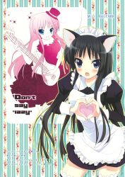  absurdres akiyama_mio animal_ears bass_guitar black_eyes black_hair cat_ears don&#039;t_say_&quot;lazy&quot; dress female hat heart highres hime_cut instrument k-on! long_hair looking_at_viewer maid moe_moe_kyun! photoshop_(medium) thighhighs top_hat uniform white_legwear 