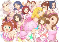  6+girls akizuki_ritsuko amami_haruka bare_shoulders blush brown_hair commentary_request dani-ikapi dress floral_(idolmaster) futami_ami futami_mami ganaha_hibiki gloves hagiwara_yukiho hoshii_miki idolmaster idolmaster_(classic) kikuchi_makoto kisaragi_chihaya long_hair minase_iori miura_azusa multiple_girls open_mouth outstretched_arm outstretched_hand shijou_takane short_hair smile takatsuki_yayoi v 