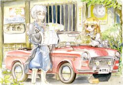  1boy blonde_hair braid car commentary_request convertible female glasses kirisame_marisa license_plate map master_(4th) morichika_rinnosuke motor_vehicle picnic_basket right-hand_drive touhou toyota vehicle_focus white_hair yellow_eyes 