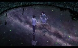  1boy black_hair commentary_request couple dress_shirt female fireflies grass highres letterboxed lif_(lif_&amp;_ref) long_hair milky_way night original outdoors pants power_lines reflection ripples shirt skirt skirt_hold skirt_set sky star_(sky) starry_sky straight tanabata utility_pole wading water 