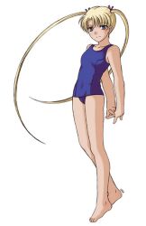  arms_behind_back artist_request barefoot blonde_hair blue_eyes blue_swimsuit female gunslinger_girl hair_ornament hair_ribbon legs light_smile long_hair looking_at_viewer one-piece_swimsuit ribbon school_swimsuit simple_background solo standing swimsuit triela twintails very_long_hair white_background 