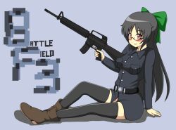  alternate_costume alternate_weapon assault_rifle battlefield_(series) battlefield_3 belt bespectacled black_hair black_thighhighs blush bow commentary_request female glasses green_bow gun hairbow i_b_b_e long_hair m16 m16a2 pink_eyes reiuji_utsuho rifle sitting smile solo thighhighs touhou trigger_discipline very_long_hair weapon 