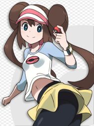  akaitera bad_id bad_pixiv_id banned_artist black_legwear blue_eyes brown_hair double_bun holding holding_poke_ball long_hair mei_(pokemon) navel panties panties_under_pantyhose pantyhose poke_ball poke_ball_(generic) pokemon pokemon_(game) pokemon_bw2 raglan_sleeves ribbon shorts smile solo twintails underwear visor_cap watch wristwatch 