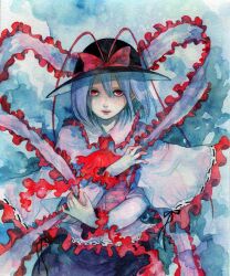  ascot bad_id bad_pixiv_id blue_background bow capelet empty_eyes female frills hair_between_eyes hat hat_bow lips long_sleeves looking_at_viewer nagae_iku painting_(medium) parted_lips pinkxxxna purple_hair red_eyes shawl short_hair solo touhou traditional_media watercolor_(medium) 