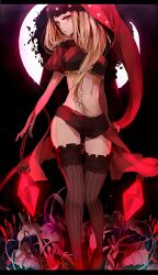  ayatoki-1 bad_id bad_pixiv_id blonde_hair chains female flower gem highres hood letterboxed midriff navel odin_sphere open_mouth pearl_(gemstone) red_hair solo thighhighs velvet_(odin_sphere) 