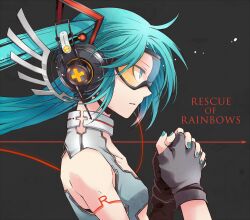  aqua_eyes aqua_hair commentary_request female fingerless_gloves gloves goggles hatsune_miku headphones long_hair nail_polish own_hands_clasped own_hands_together profile solo twintails vocaloid yosakuh 