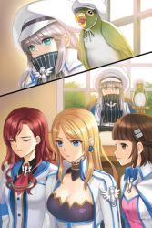  4girls bird blonde_hair blue_eyes blunt_bangs breasts brittany_scarborough brown_eyes brown_hair closed_eyes detached_collar earrings eisenwane_(sword_girls) frown green_eyes grey_hair hat jacket jewelry kocchan_(sword_girls) large_breasts long_hair lowres lucca_(sword_girls) multiple_girls parrot photoshop_(medium) red_hair rose_pacifica short_hair striped sword_girls turtleneck vernika_answer 