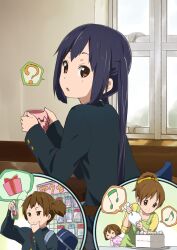  4girls :o =_= ? apron bag beamed_eighth_notes black_hair blazer brown_eyes brown_hair cake commentary_request cup eighth_note errant finger_to_mouth food gift hirasawa_ui hirasawa_yui icing jacket k-on! long_hair looking_back multiple_girls musical_note nakano_azusa pastry_bag ponytail sakuragaoka_high_school_uniform school_bag school_uniform short_hair smile speech_bubble spoken_musical_note spoken_question_mark suzuki_jun thought_bubble twintails window 