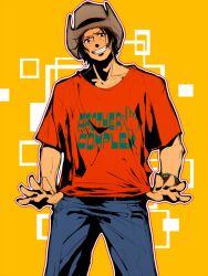  1boy baggy black_hair bracelet brother cowboy_hat denim freckles hat jeans jewelry loose_clothes male male_focus mojisan one_piece pants portgas_d_ace shirt siblings simple_background smile solo standing t-shirt yellow 