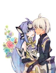  1boy bad_id bad_pixiv_id blue_hair chaos_(xenosaga) female flower haruto_yuki kos-mos kos-mos_ver._4 simple_background white_hair xenosaga 