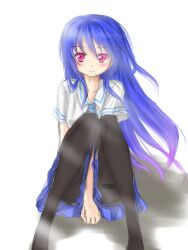  alternate_costume awai_shiro bad_id bad_pixiv_id blue_hair blush collarbone contemporary female hinanawi_tenshi long_hair pantyhose purple_eyes school_uniform simple_background smile solo thighband_pantyhose touhou very_long_hair 