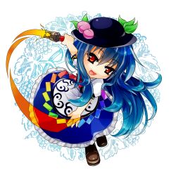  blue_hair bow commentary_request cross-laced_footwear female food fruit hat hinanawi_tenshi kazune_rain leaf long_hair oerba_yun_fang open_mouth peach red_eyes short_sleeves solo sword sword_of_hisou touhou very_long_hair weapon 