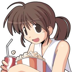  asaba_yuuko brown_eyes brown_hair coca-cola drinking_straw female food iriya_no_sora_ufo_no_natsu lowres ponytail popcorn soda solo yuichirou 