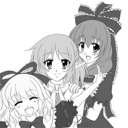  3girls arm_ribbon blush bow closed_eyes commentary_request curly_hair frills front_ponytail greyscale hair_ornament hair_ribbon hairbow hand_on_another&#039;s_shoulder happy kagiyama_hina long_hair lowres medicine_melancholy mizuhashi_parsee monochrome multiple_girls open_mouth outstretched_arm pointy_ears ribbon scarf short_hair smile touhou yonpachi 