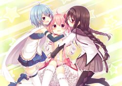  3girls :t ahoge akemi_homura akemi_homura_(magical_girl) amane_kurumi argyle_clothes argyle_legwear armband black_hair blue_eyes blue_hair bow braid cape choker commentary_request girl_sandwich glasses gloves hairband hairbow hug kaname_madoka kaname_madoka_(magical_girl) long_hair magical_girl mahou_shoujo_madoka_magica mahou_shoujo_madoka_magica_(anime) miki_sayaka miki_sayaka_(magical_girl) multiple_girls open_mouth pantyhose pink_eyes pink_hair pout red-framed_eyewear sandwiched short_hair short_twintails soul_gem spoilers sweat thighhighs twin_braids twintails wavy_mouth zettai_ryouiki 