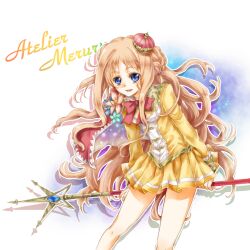  arched_crown atelier_(series) atelier_meruru bad_id bad_pixiv_id blue_eyes bow cape copyright_name crown female flower half_updo long_hair merurulince_rede_arls pink_hair red_bow red_crown ribbon sahara_(charlotte) smile solo staff tilted_headwear 