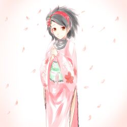  aerlai alternate_hairstyle bad_deviantart_id bad_id black_hair brown_eyes female flower hair_flower hair_ornament hair_up hairband highres japanese_clothes kimono momohime obi oboro_muramasa petals pink_kimono sash side_slit solo 