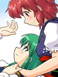  2girls blush commentary_request green_eyes green_hair multiple_girls obi onozuka_komachi red_eyes red_hair sash shiki_eiki short_hair short_sleeves simple_background smile supon touhou 