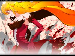  bad_id bad_pixiv_id bare_shoulders blonde_hair breasts cleavage dress elbow_gloves female gloves kiss-shot_acerola-orion_heart-under-blade letterboxed long_hair medium_breasts monogatari_(series) oshino_shinobu petals photoshop_(medium) profile red_dress solo yadokugaeru yellow_eyes 