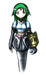  absurdres android arma_(recettear) commentary_request elbow_gloves facial_mark female forehead_mark gloves green_hair hairband highres itsnotfilia long_hair mechanical_arms midriff pantyhose recettear single_mechanical_arm solo yellow_eyes 