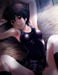  amagami armpits black_hair black_socks blush breasts brown_eyes commentary_request competition_swimsuit female hay kneehighs looking_at_viewer lying medium_breasts nanasaki_ai one-piece_swimsuit shian_(my_lonly_life.) short_hair skirt smile socks solo sweat swimsuit 