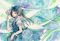  bad_id bad_pixiv_id black_eyes black_hair blue_dress blunt_bangs bow dress fairy female flower hairbow lily_(flower) long_hair multicolored_background painting_(medium) petticoat pinkxxxna puffy_sleeves short_sleeves solo star_sapphire touhou traditional_media watercolor_(medium) wings 