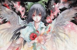  bad_id bad_pixiv_id black_hair bow cape dress_shirt feathered_wings female fire frills gem green_bow hairbow lips long_hair outstretched_hand painting_(medium) pinkxxxna red_eyes reiuji_utsuho shirt solo torn_clothes touhou traditional_media upper_body watercolor_(medium) wings 