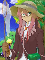  2boys ahoge animal blonde_hair bug_net butterfly coat emil_castagnier glasses gloves green_eyes hat long_hair multiple_boys pants red_hair richter_abend scarf shoes short_hair tales_of_(series) tales_of_symphonia tales_of_symphonia_knight_of_ratatosk tree 