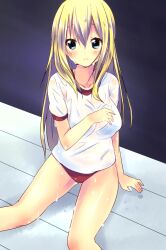  bad_id bad_pixiv_id blonde_hair blue_eyes buruma female gym_uniform highres k-on! kurou_(quadruple_zero) long_hair painttool_sai_(medium) red_buruma saitou_sumire solo wet 