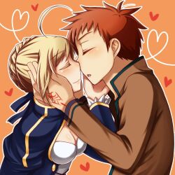  1boy ahoge blonde_hair blush breasts cleavage cleavage_cutout closed_eyes couple emiya_shirou fate/stay_night fate/zero fate_(series) female hair_ribbon hand_on_another&#039;s_face hand_on_face heart heart noses_touching red_hair ribbon saber school_uniform tattoo uniform 