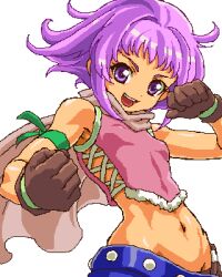  alfa_system bare_shoulders belt breasts female gloves hermana_larmo lowres midriff navel open_mouth purple_eyes purple_hair scarf short_hair tales_of_(series) tales_of_innocence 