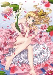  barefoot blonde_hair blue_eyes bracelet breasts briska choker cleavage commentary_request crown dress feet female flower frills gown jewelry lily_pad lying medium_breasts off_shoulder on_side original parted_lips personification petals photoshop_(medium) princess solo strap_slip 