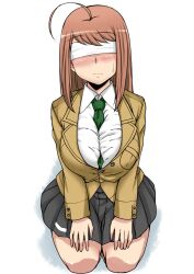  ahoge between_breasts blazer blindfold blush breasts brown_hair clothes_between_breasts commentary_request female highres jacket komusou_(jinrikisha) large_breasts long_hair necktie necktie_between_breasts ooba_minori original pleated_skirt school_uniform seiza simple_background sitting skirt solo sweatdrop taut_clothes 