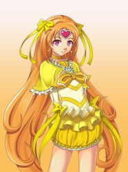  arms_behind_back bow brooch bubble_skirt choker commentary_request cure_muse_(yellow) expressionless female hairbow heart jewelry long_hair magical_girl ntk_51 orange_background orange_hair photoshop_(medium) pink_eyes precure shirabe_ako skirt solo suite_precure yellow_bow yellow_choker yellow_skirt 