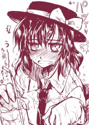  ^^^ blush commentary_request cup drinking_straw female hat hat_ribbon holding monochrome necktie oerba_yun_fang ribbon shirt short_hair solo takana_shinno touhou translation_request usami_renko wet 